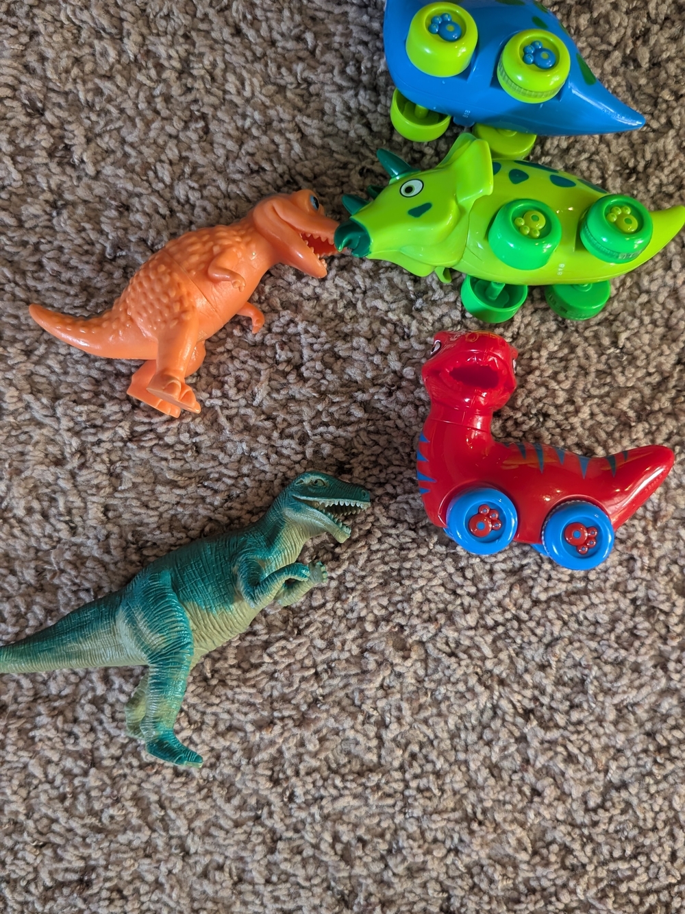 Kids 5 Dinosaur: Three With Wheels & Two Plastic Figurines